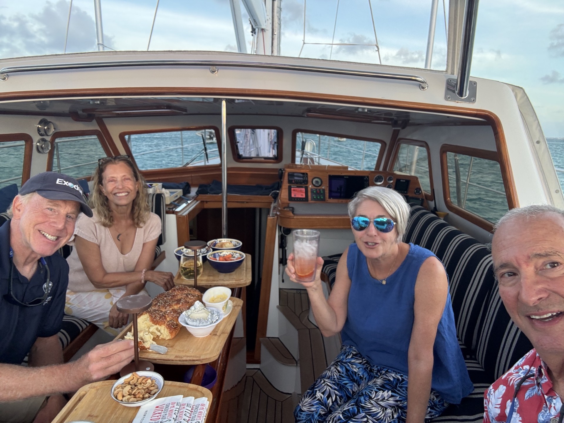 Friends gathered aboard Exodus for drinks and snacks