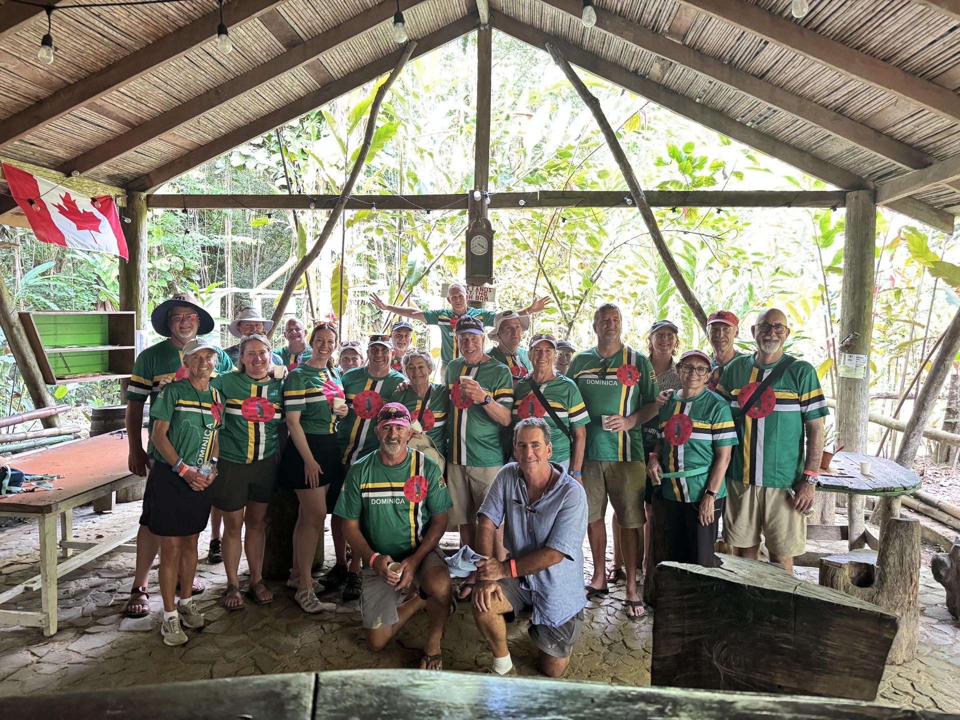 Excursion group gathered in a covered pavilion