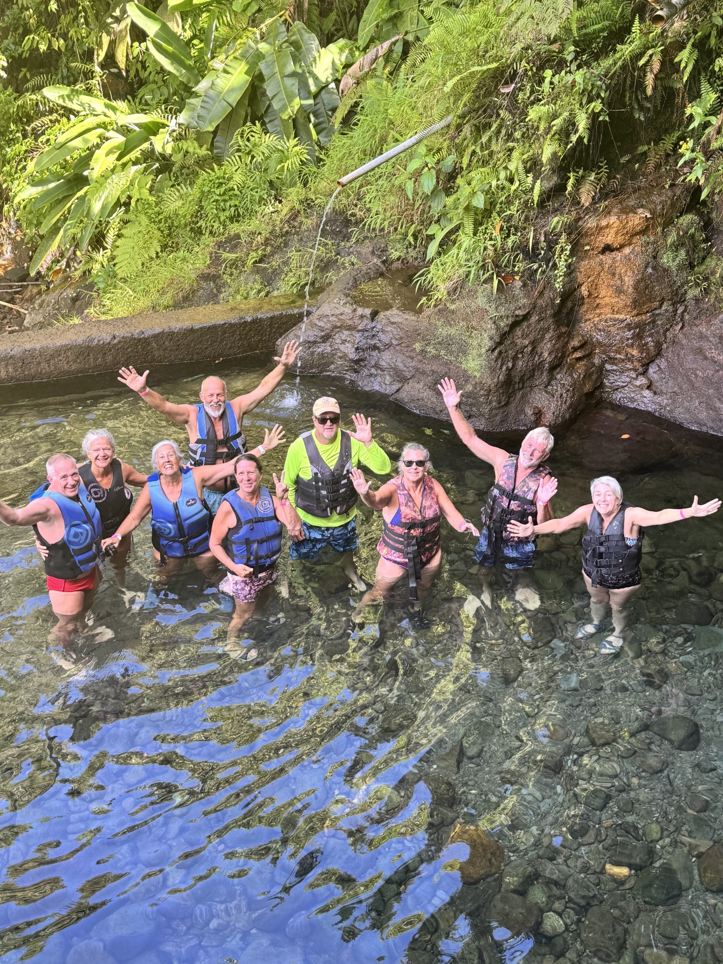 Group standing in a clear pool beneath tropical greenery